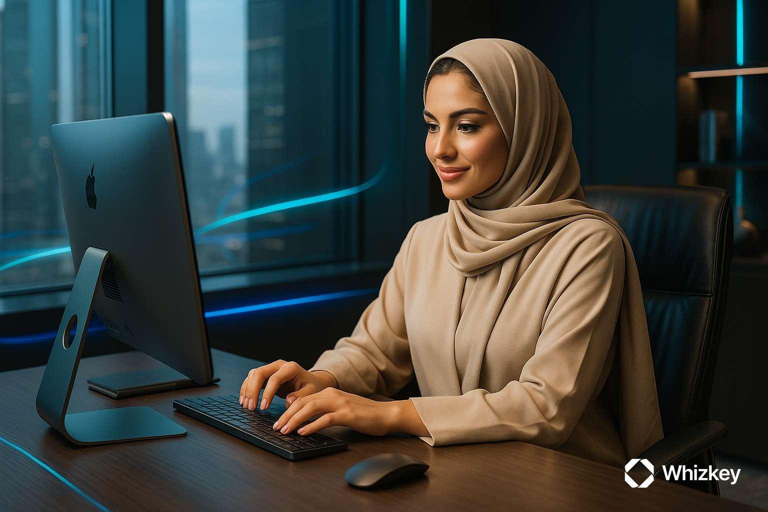 Kuwaiti female employee using computer to work with predictive AI systems in software development