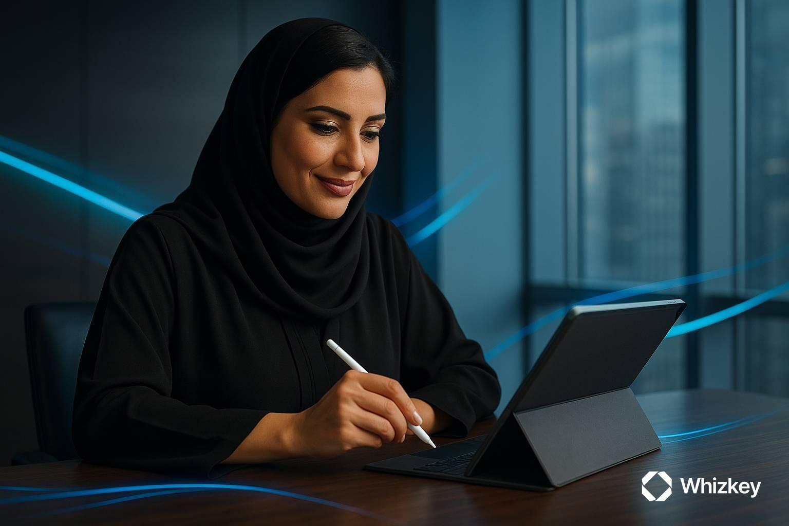 Kuwaiti female executive writing on tablet for procurement-grade evaluation in software projects