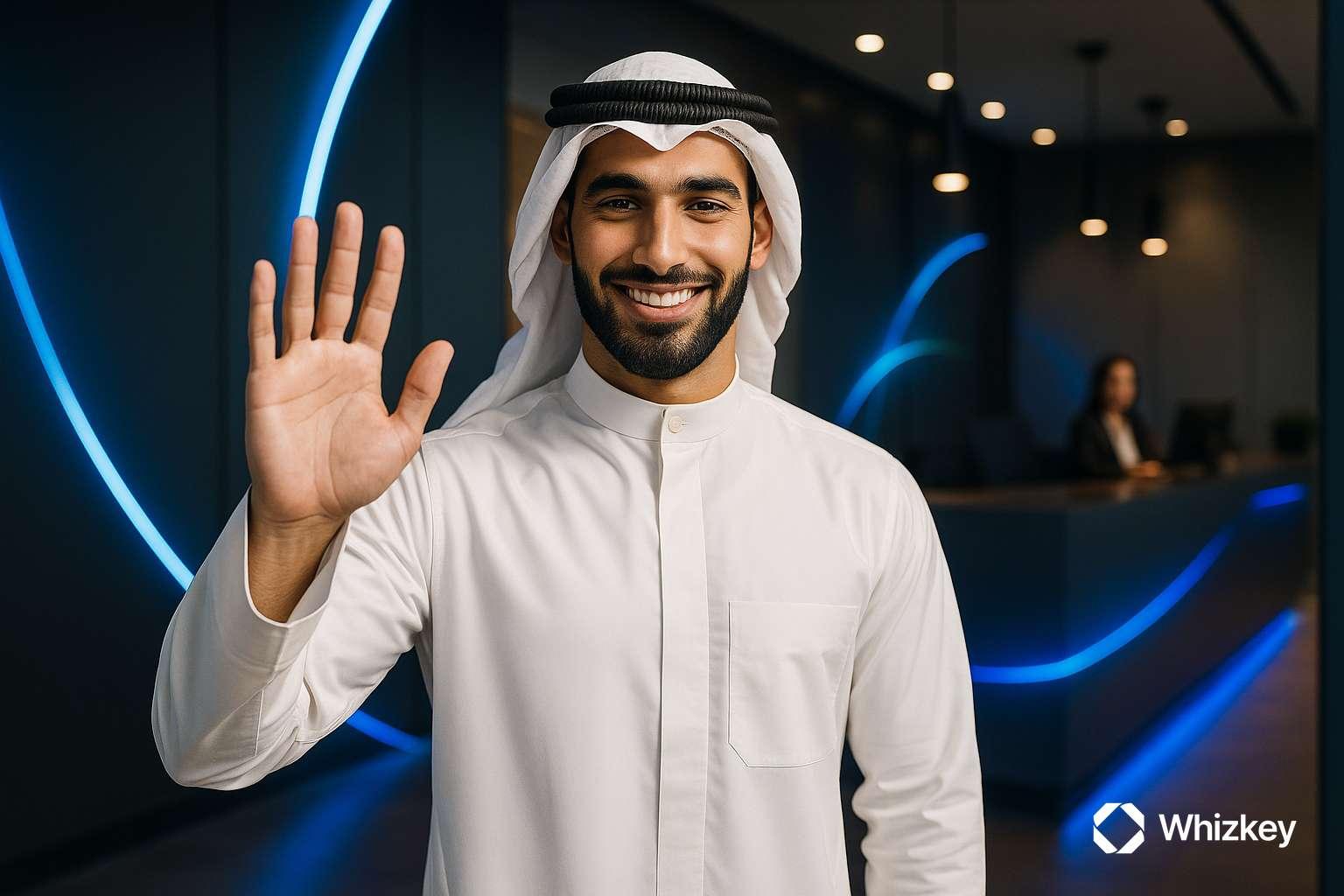 Kuwaiti employee greeting at office reception symbolizing digital growth through software development