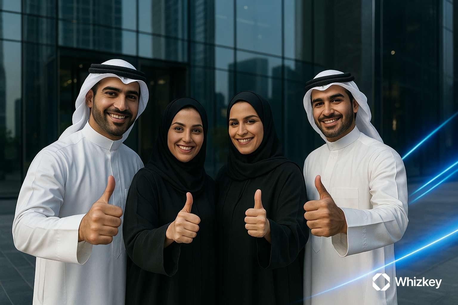 Kuwaiti employees outside office tower giving thumbs up to symbolize growth through software development