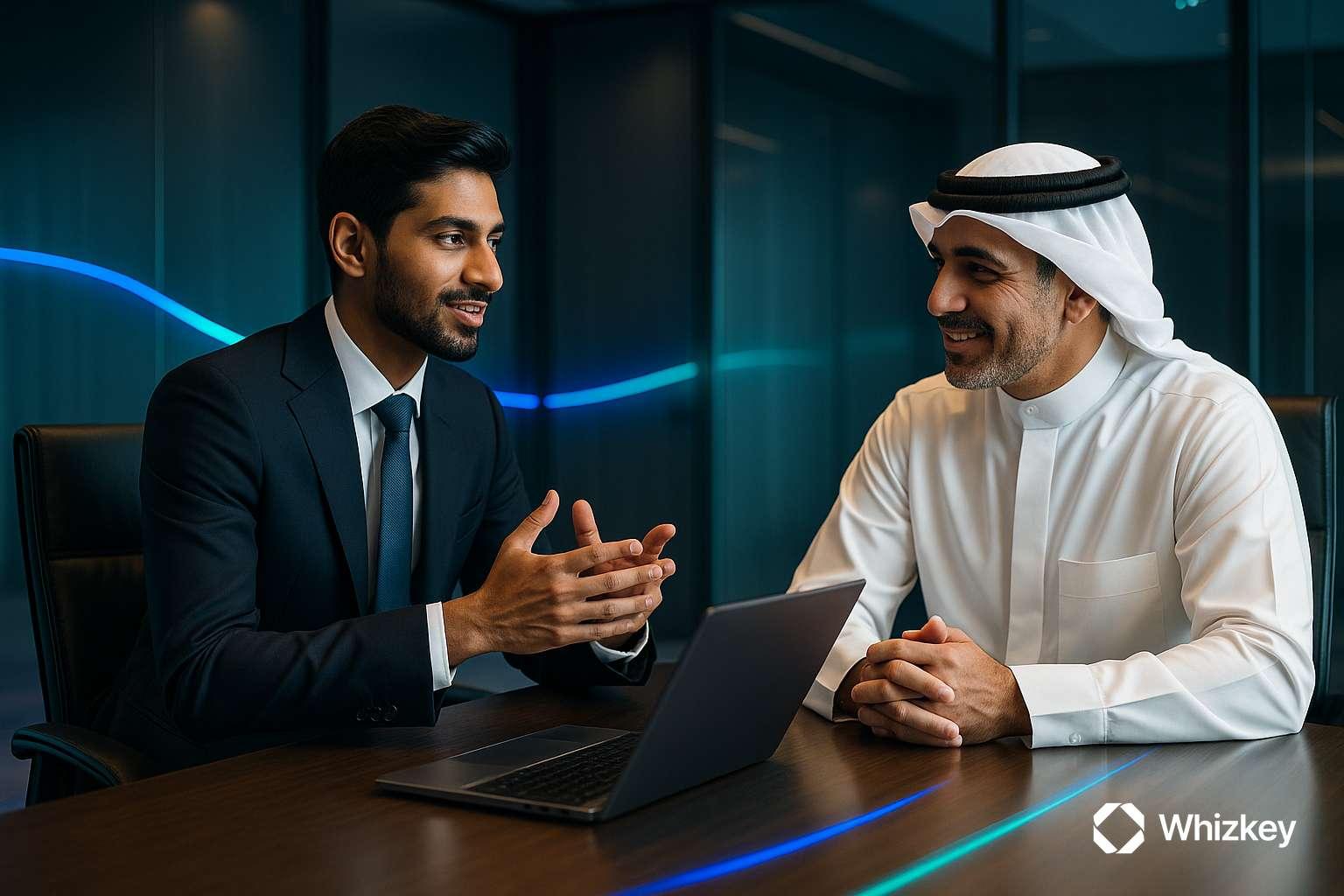 Indian executive explaining business context to Kuwaiti executive in software development
