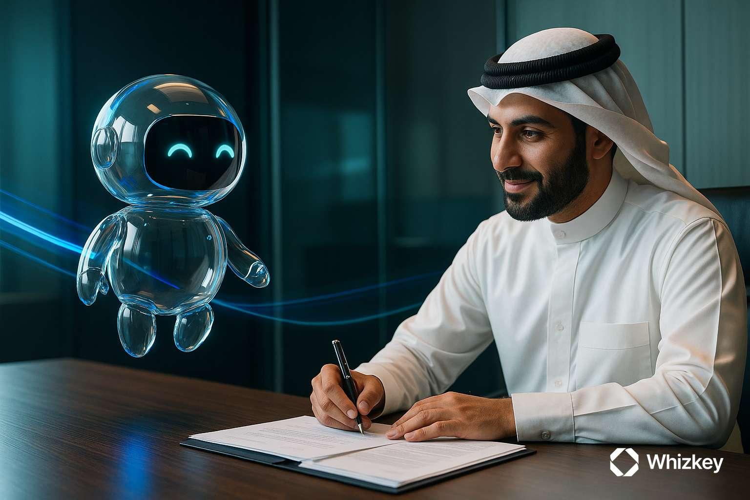 AI chatbot assisting Kuwaiti employee writing on desk in corporate office
