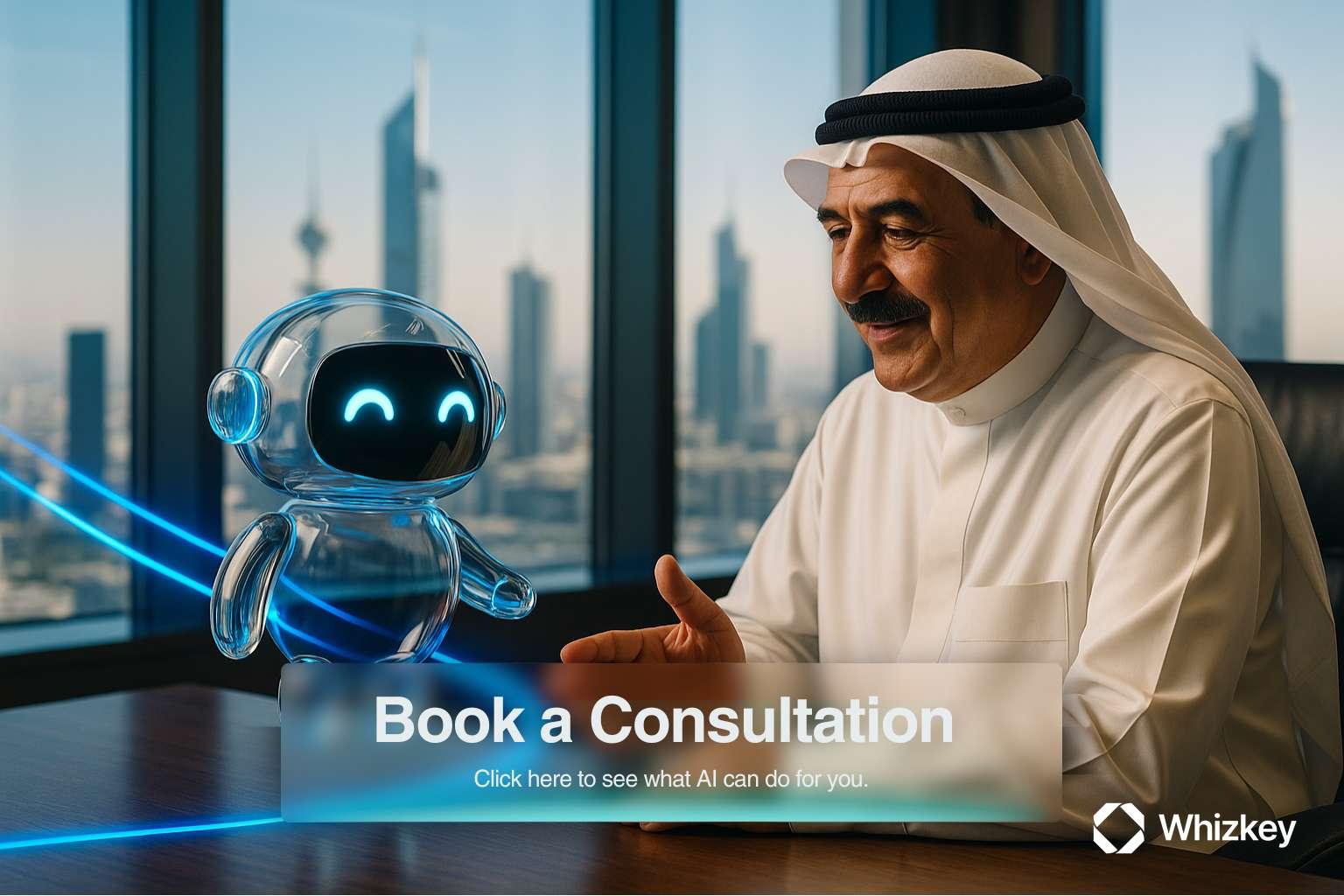 Kuwaiti HR leader engaging with AI chatbot for strategic planning