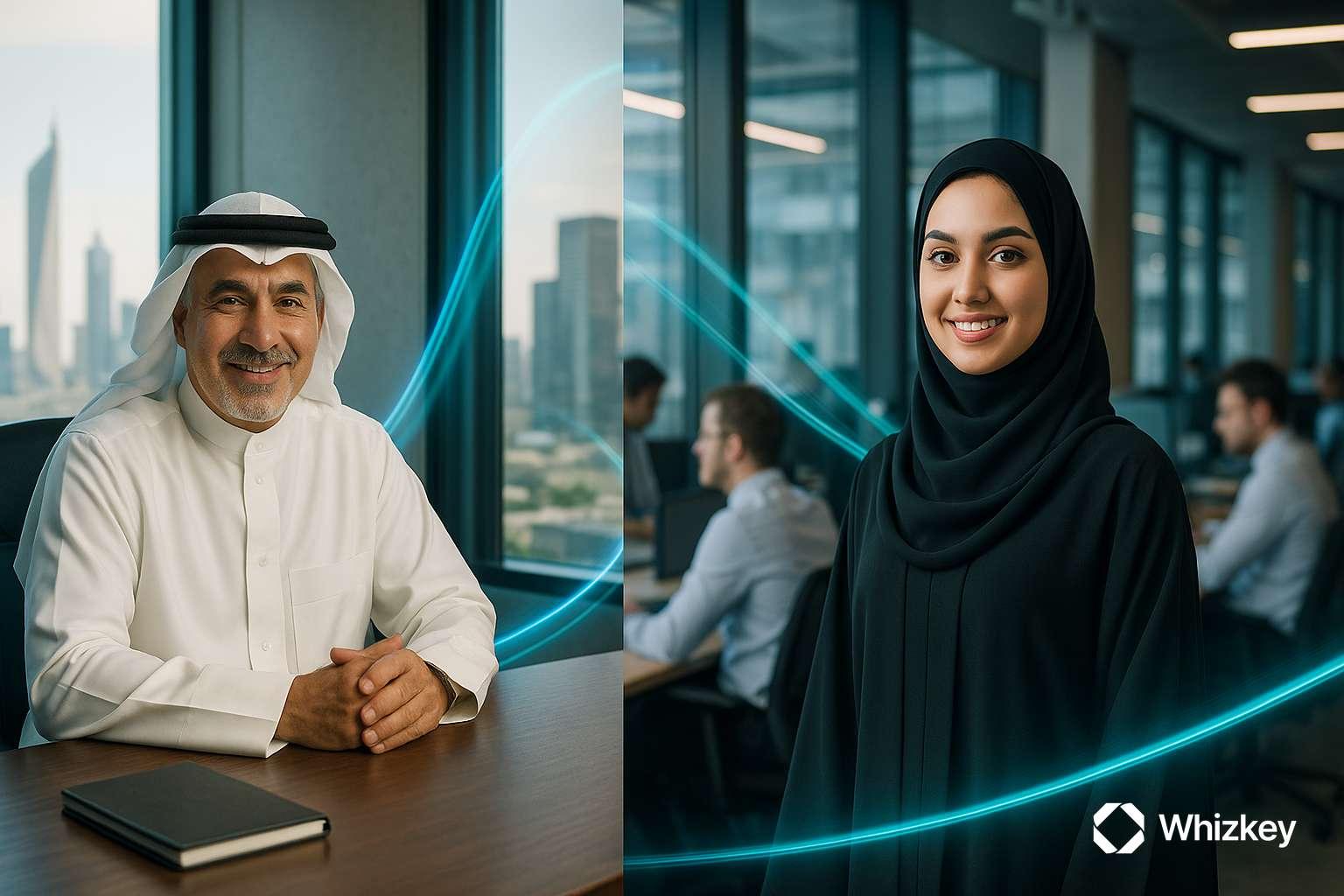 Kuwaiti executive and trainee symbolizing Talented BPS growth with AI