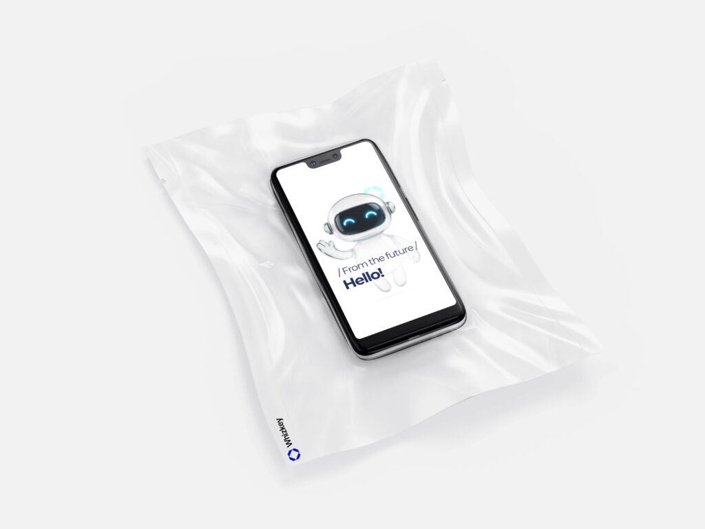 Smartphone displaying a futuristic glass chatbot with message "From the future, Hello!" symbolizing advanced chatbot development in Kuwait.