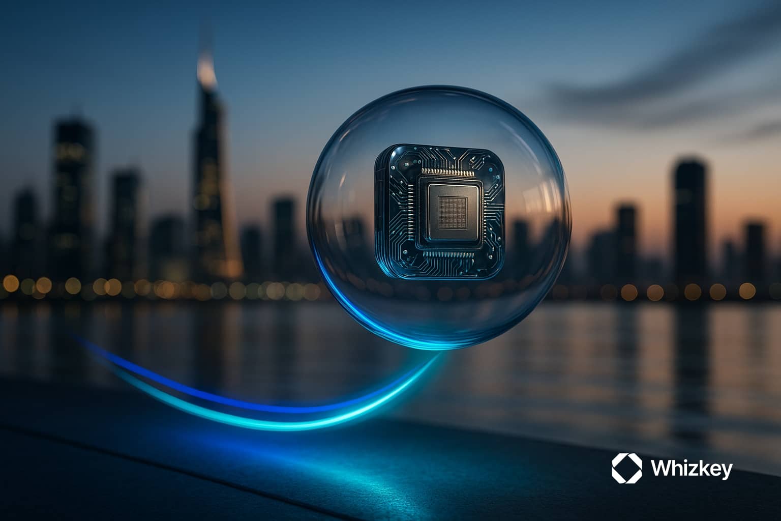 Photorealistic glass orb with a detailed microprocessor levitating over Kuwait’s skyline at dusk, emitting subtle blue and turquoise energy streams symbolizing Agentic AI transformation.