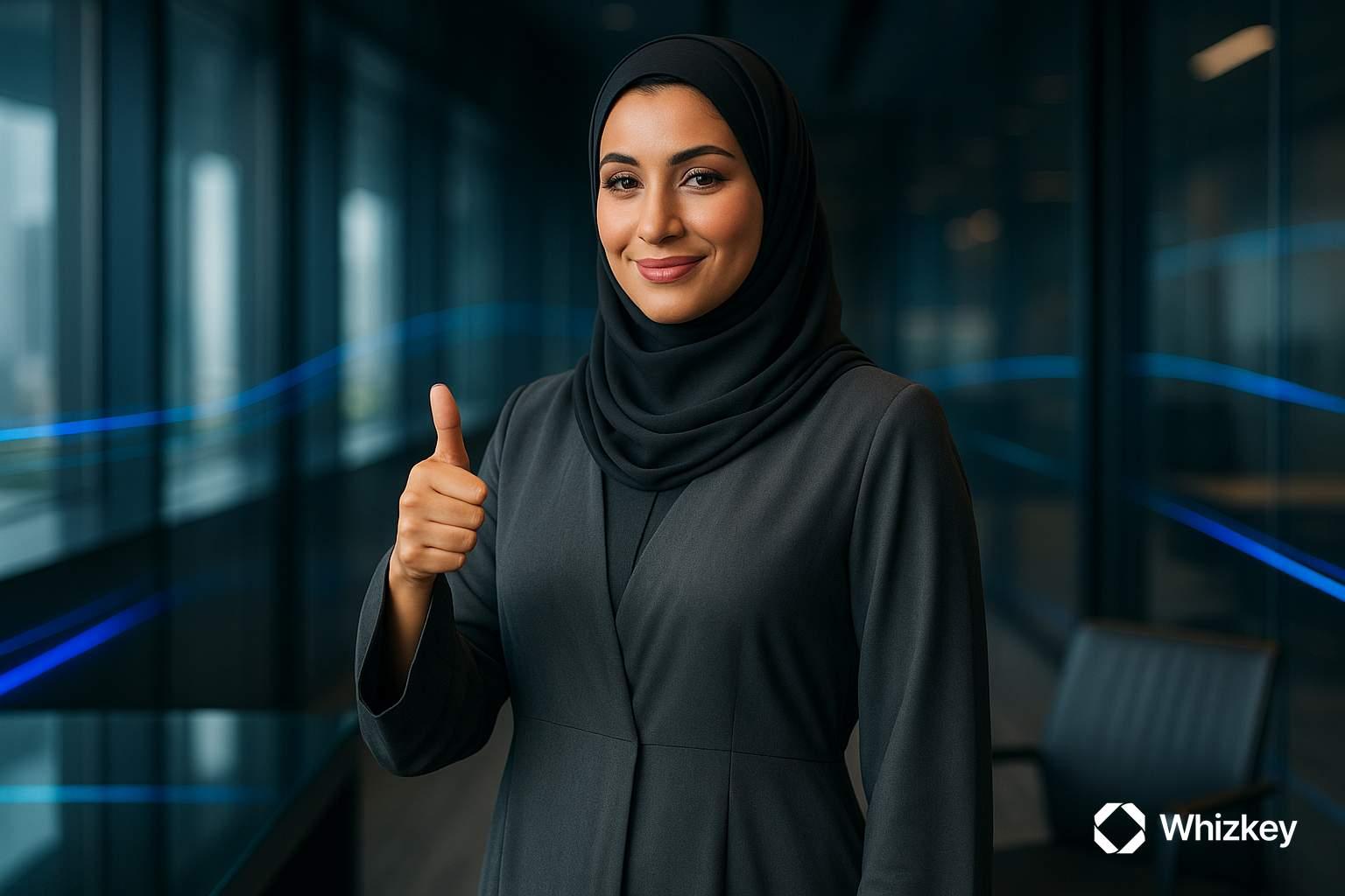 Kuwaiti female executive showing approval gesture to highlight ROI in software development