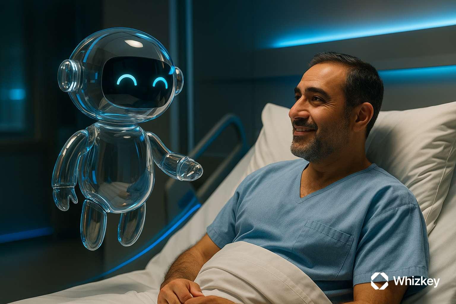 AI healthcare chatbot assisting Kuwaiti patient in hospital bed with supportive interaction