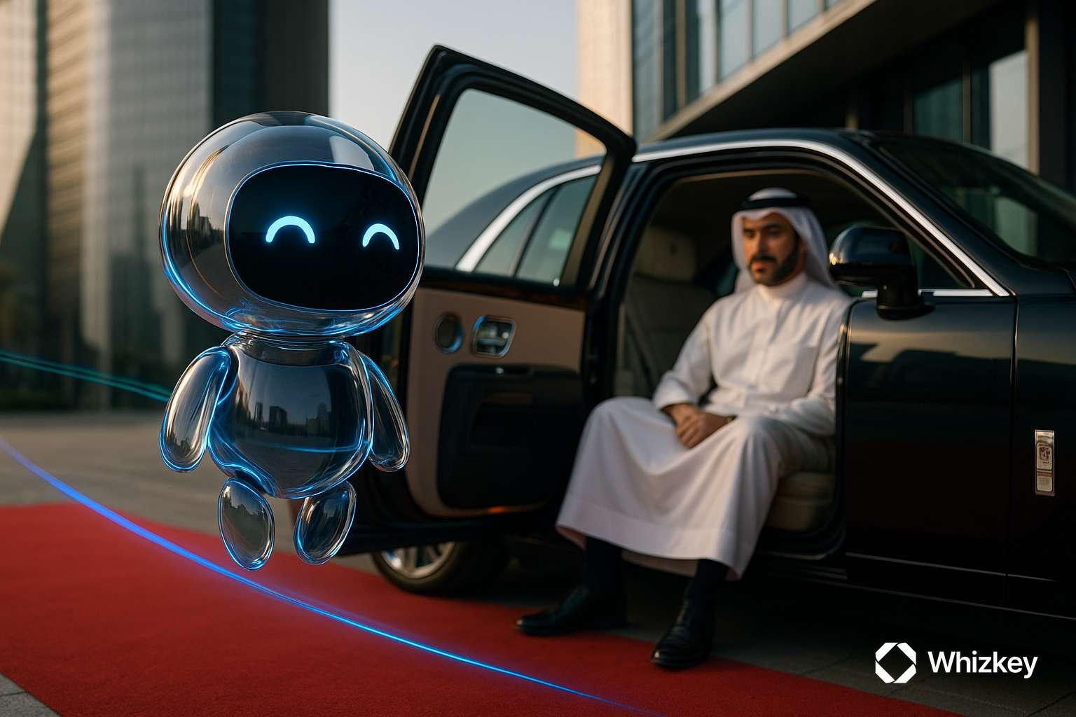 AI chatbot concierge with wealthy Kuwaiti client in expensive car outside a bank