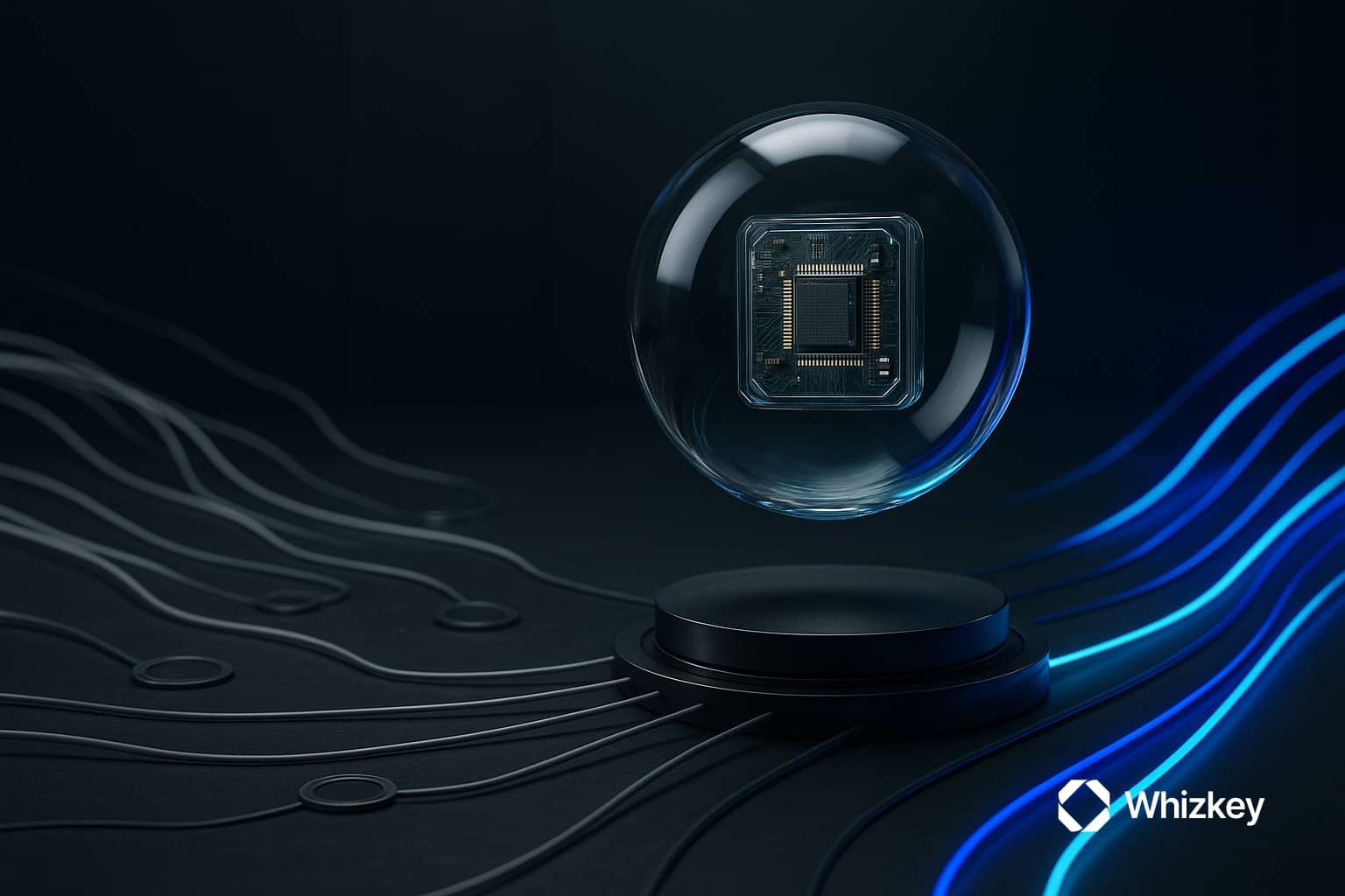 Floating glass orb with a microchip inside, transforming tangled gray workflow beams into streamlined blue and turquoise flows, symbolizing Agentic AI efficiency.