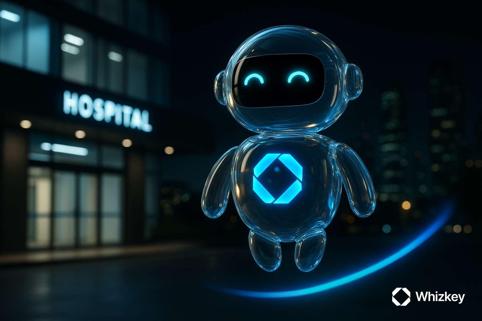 AI Whizkey chatbot glowing with company logo at a Kuwait hospital at night