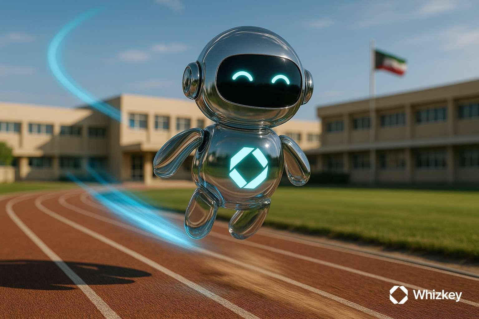 Glass Whizkey chatbot with glowing logo racing above a Kuwaiti school track in landscape view