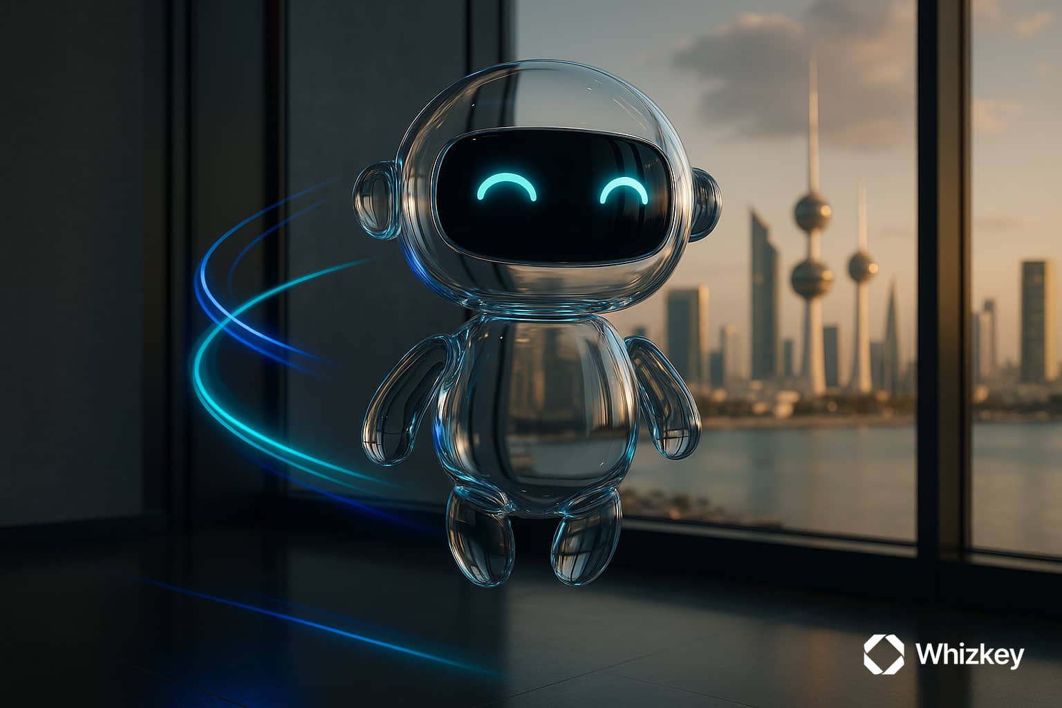 Transparent glass chatbot levitating inside a modern office with the Kuwait Towers and skyline in the background, symbolizing the future of chatbot development.