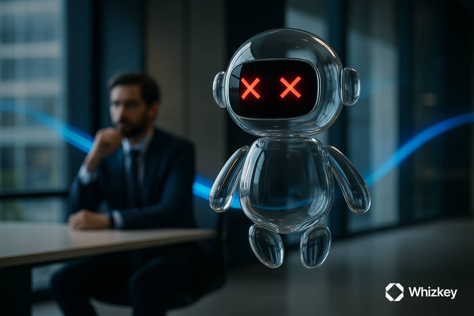 Transparent glass chatbot with glowing red X eyes, symbolizing failed chatbot solutions and corporate challenges in Kuwait.