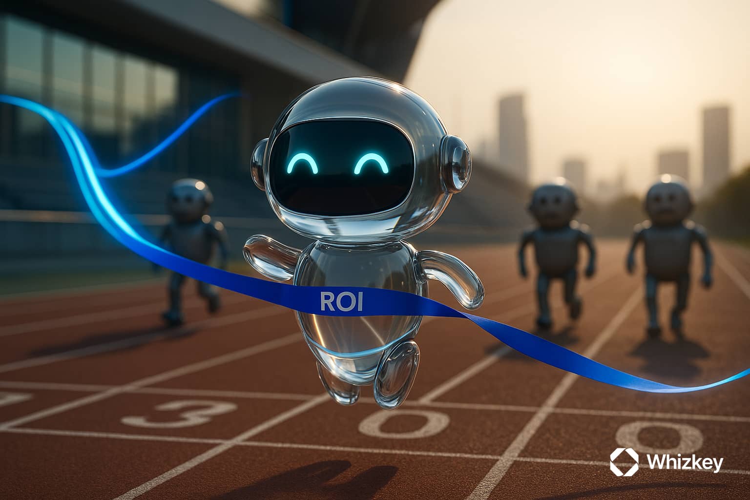 Transparent glass chatbot character breaching ROI ribbon at finish line, symbolizing faster deployment timelines and higher ROI compared to legacy bots.