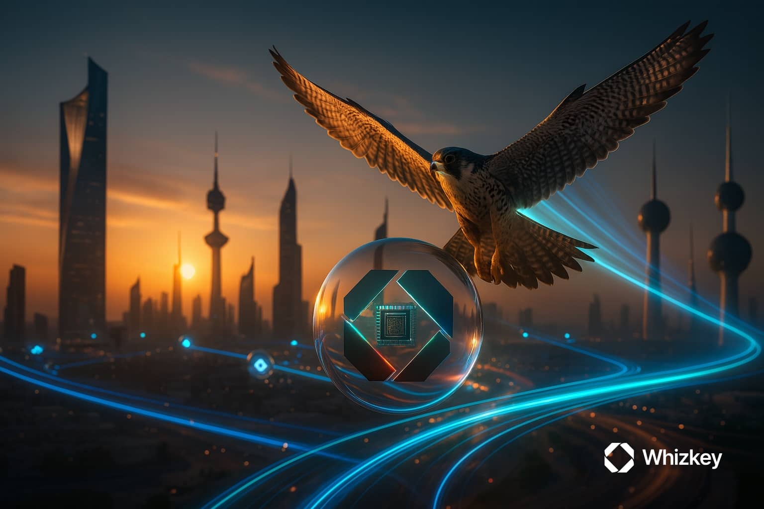 A Kuwaiti falcon soars above Kuwait City’s skyline at sunset alongside a levitating glass orb containing the Whizkey logo seamlessly integrated with a microprocessor, glowing with deep blue and turquoise energy trails. 