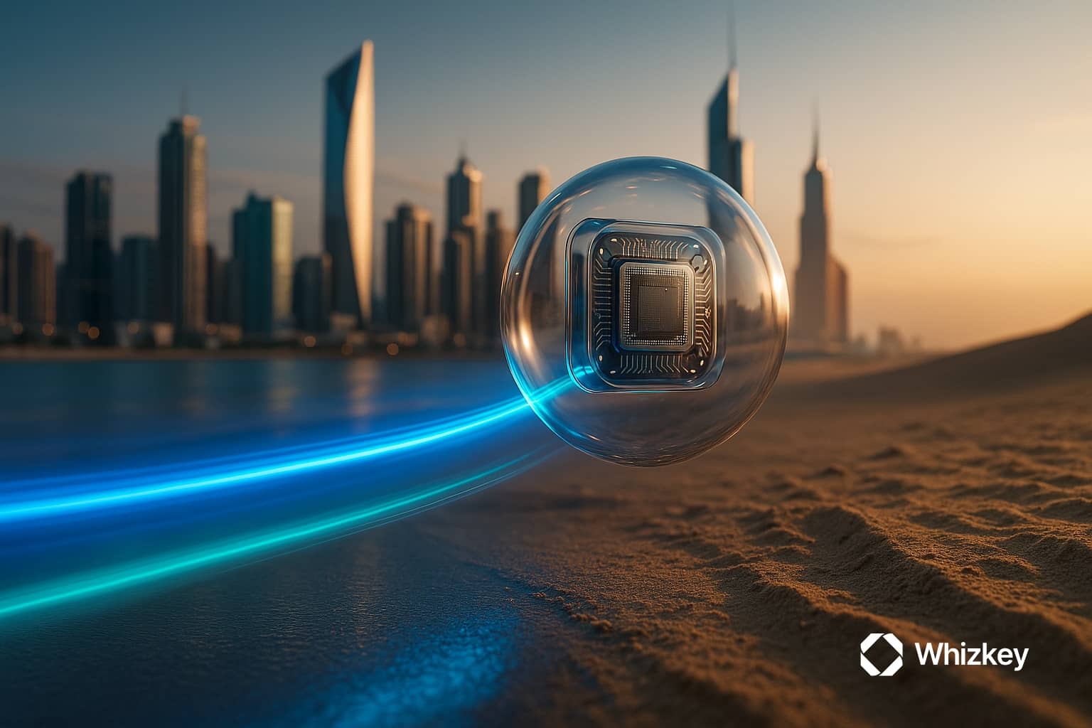 Transparent glass orb with a detailed microprocessor levitating above desert sands, emitting subtle blue and turquoise energy trails, transitioning toward a futuristic Kuwait city skyline that symbolizes transformation and rapid growth with Agentic AI.