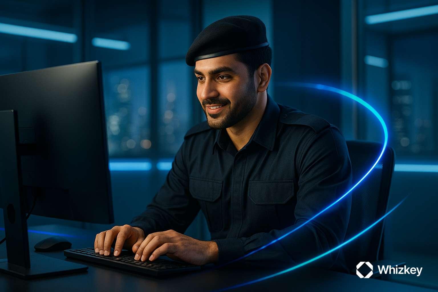Kuwaiti police officer using AI-powered cybersecurity and threat intelligence systems
