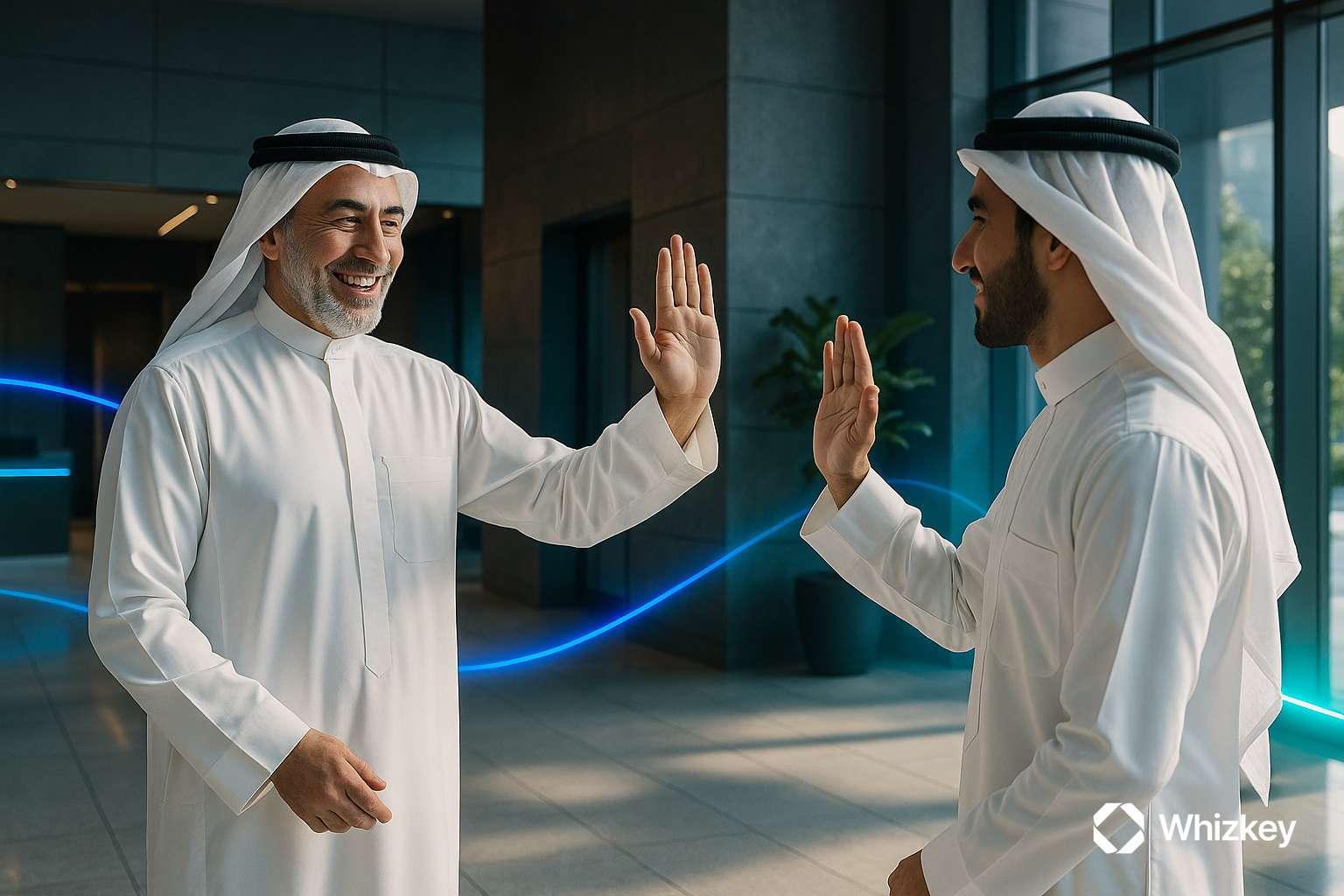 Kuwaiti customer greeting employee, symbolizing trust and connection in AI-powered services
