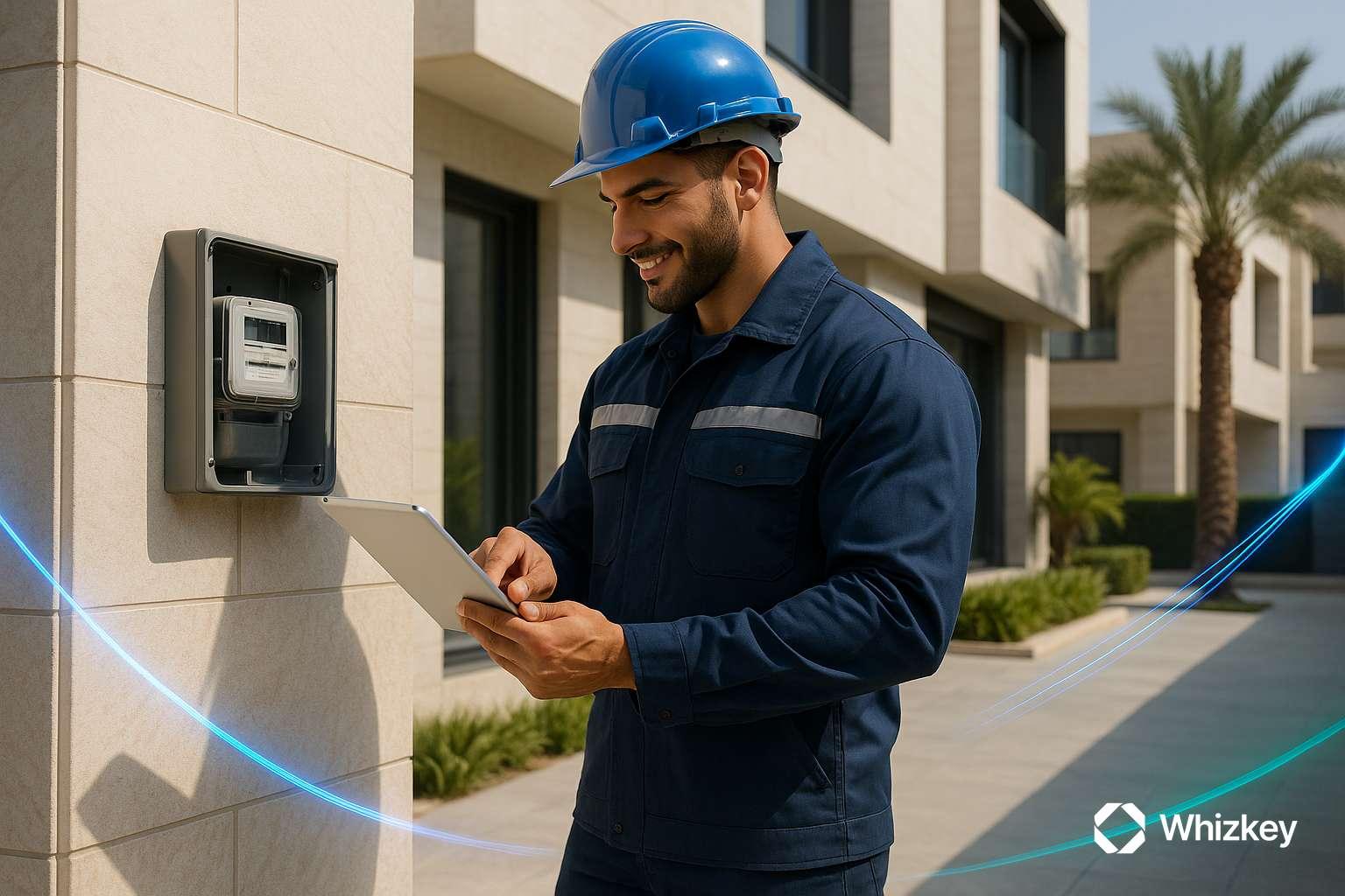 Engineer using AI-powered tools to enhance energy efficiency and grid operations.
