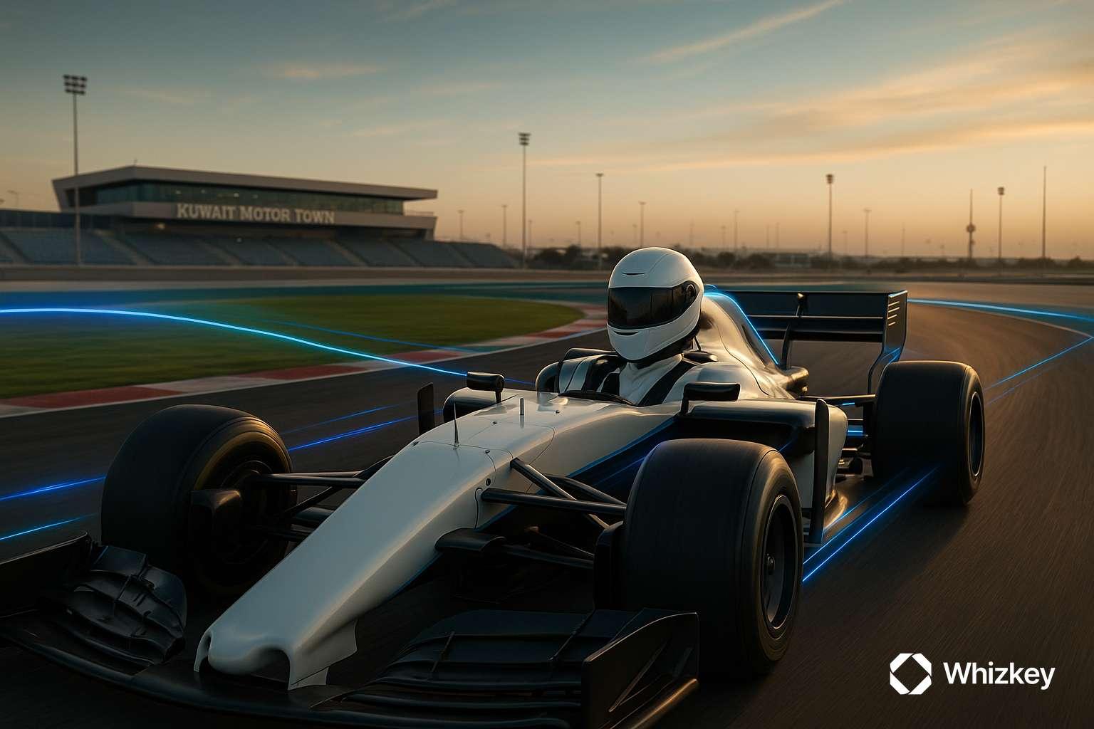 AI-driven robot steering a Formula 1 car symbolizing the next era of autonomous intelligence and innovation.