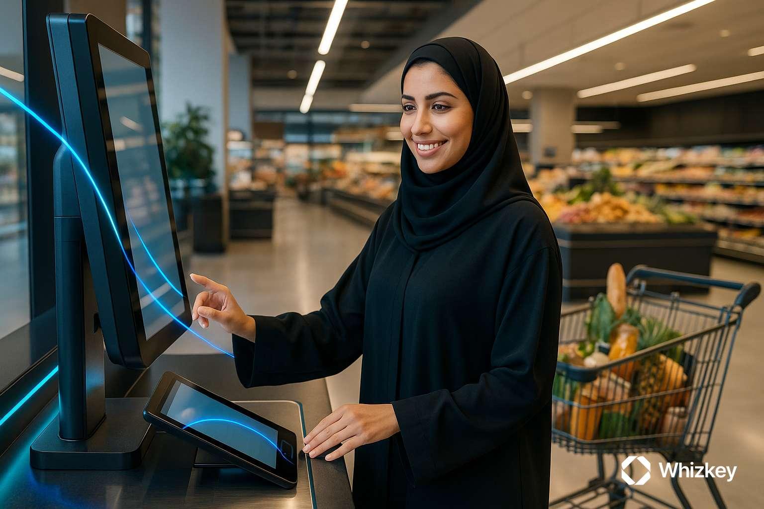Kuwaiti shopper using AI-powered self checkout system for seamless retail experience.