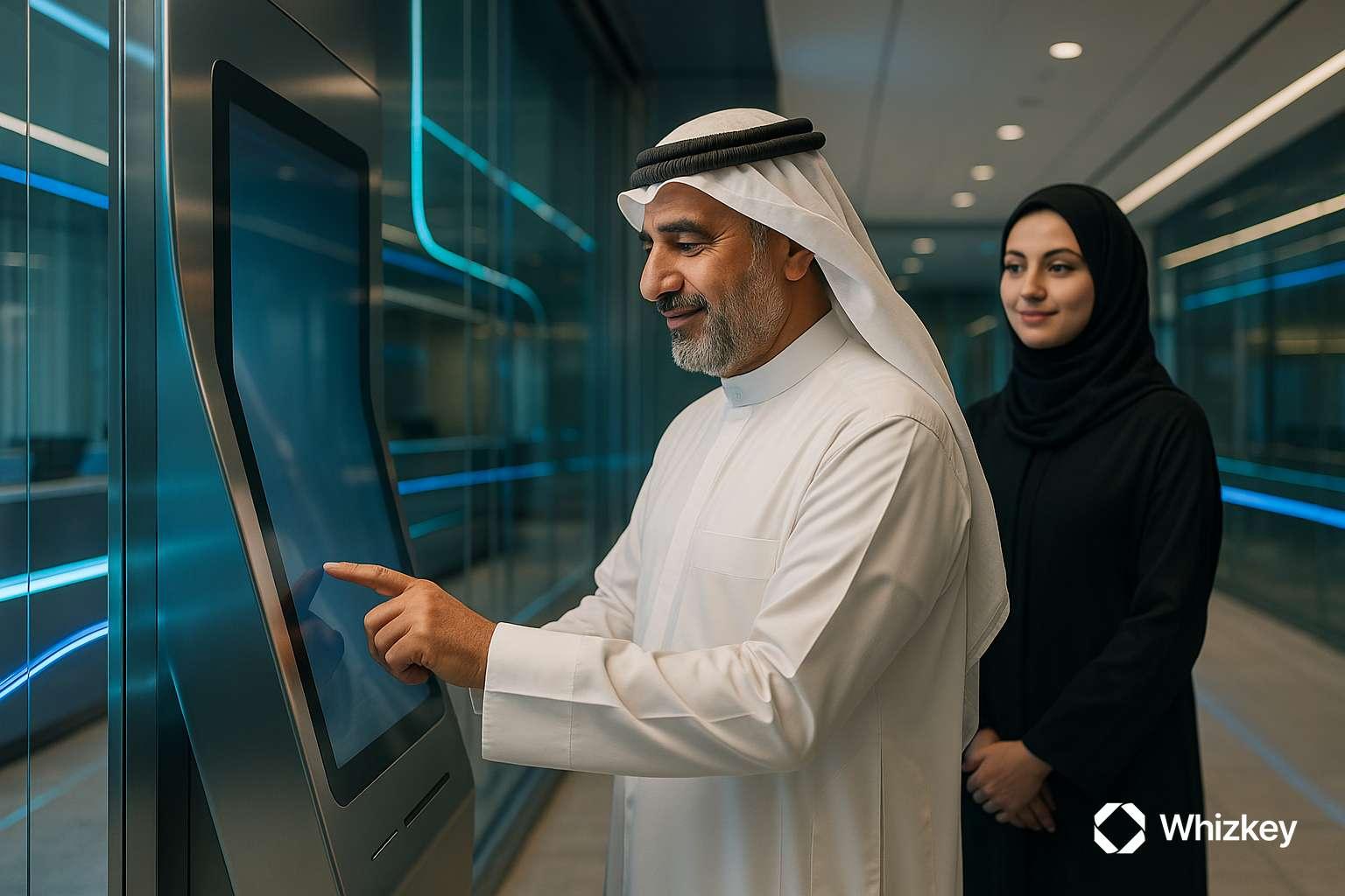 Kuwaiti customer using AI-powered banking kiosk with employee support