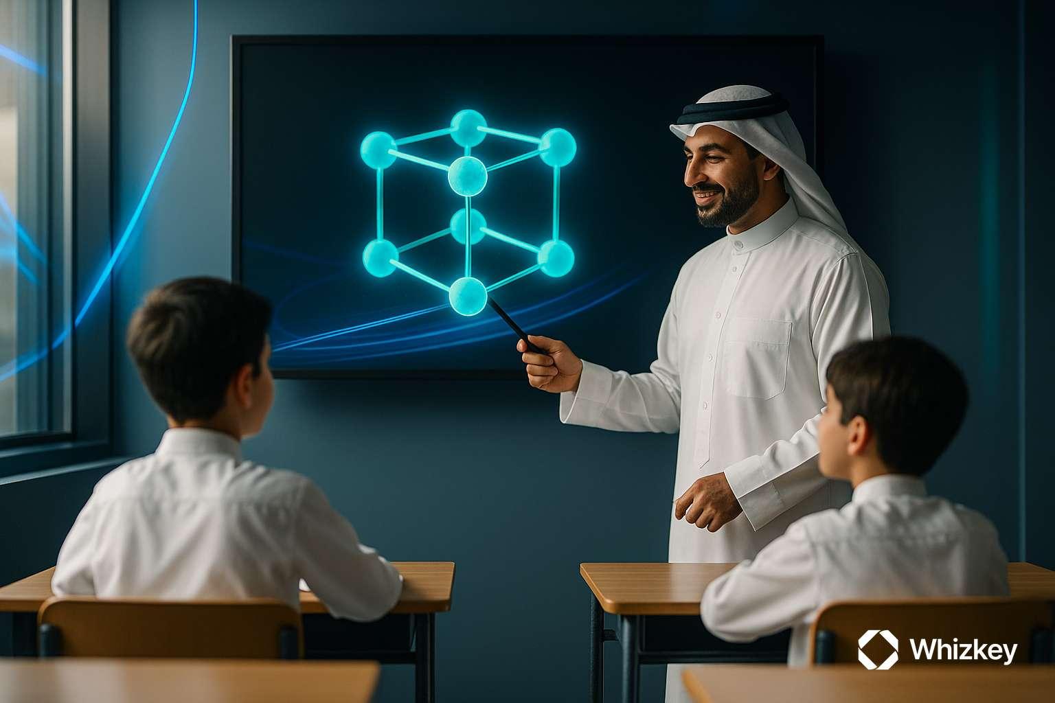 Kuwaiti teacher using AI-driven projection to teach molecular models to students in a classroom