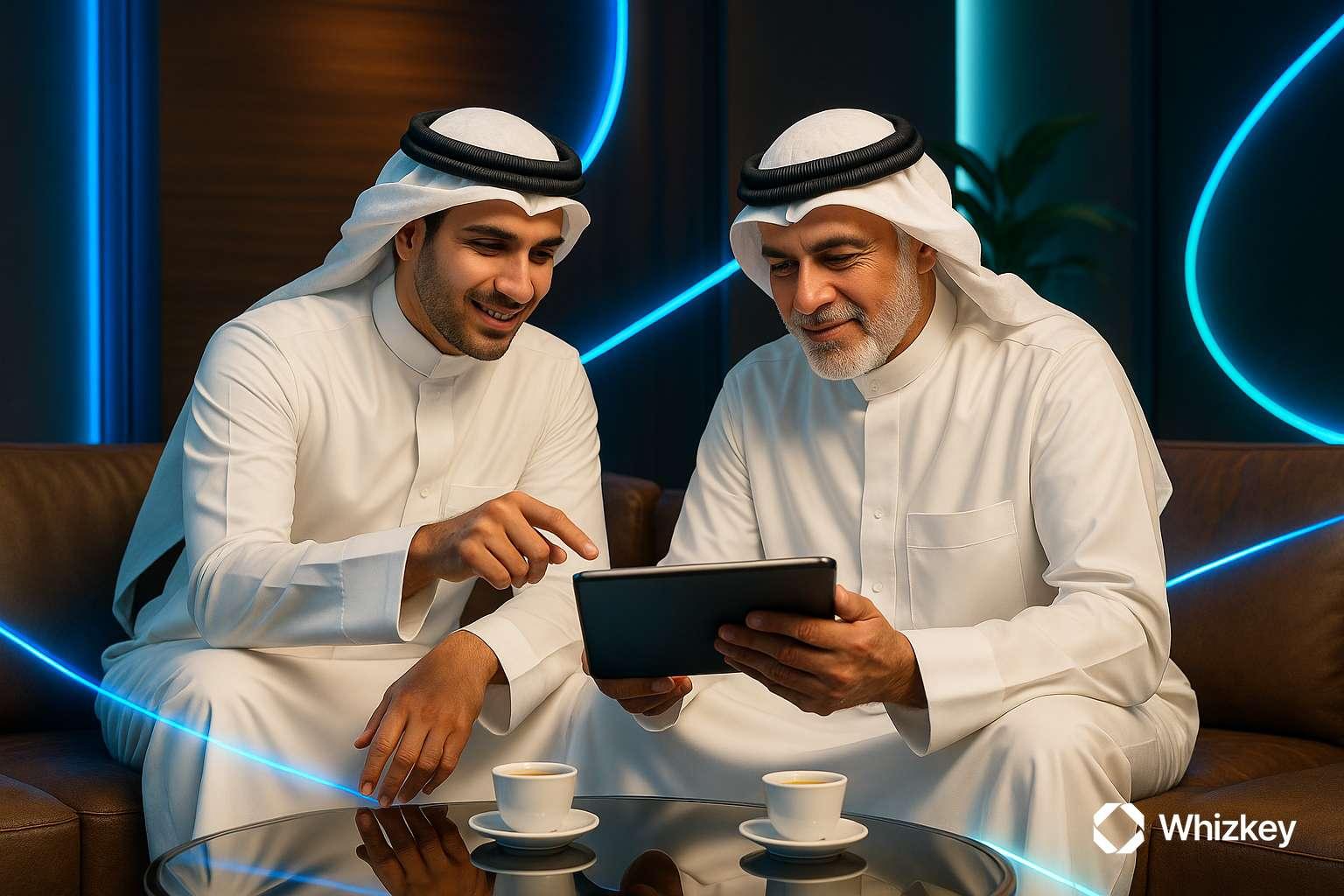 Kuwaiti executives discussing AI-driven financial opportunities on a tablet in a modern banking setting