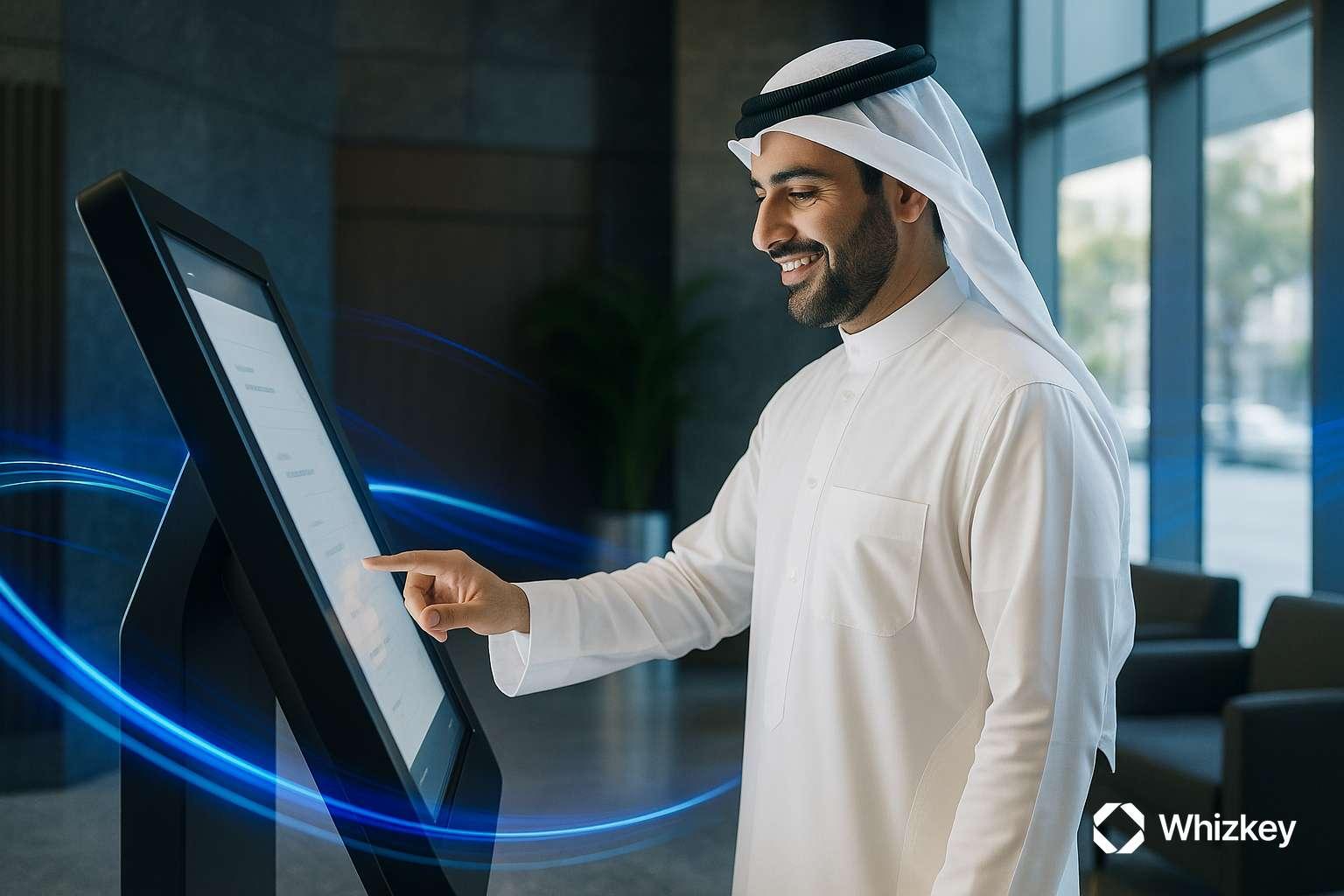 Kuwaiti citizen using AI-powered government kiosk to access digital public services efficiently