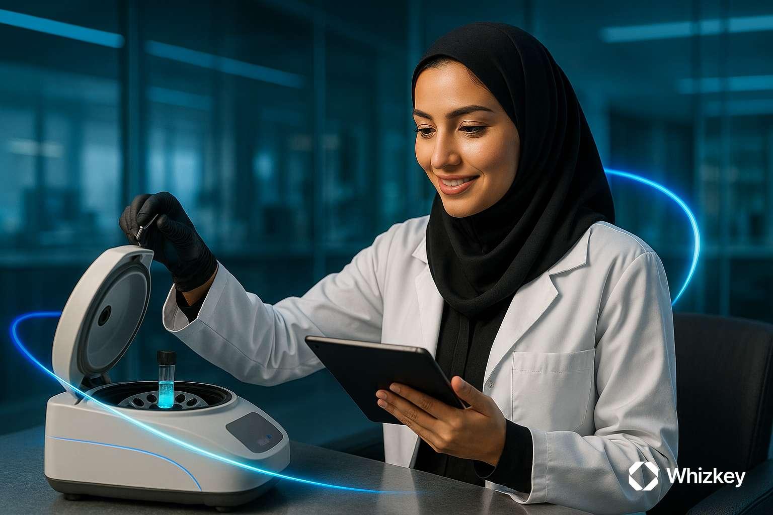 Kuwaiti lab technician using AI-driven device for advanced medical diagnostics and patient experience improvement