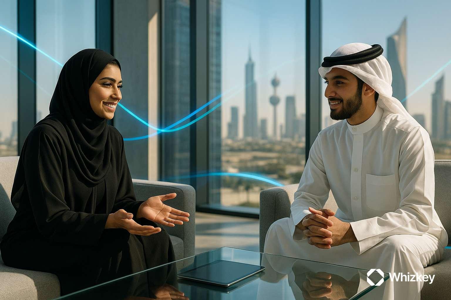 Kuwaiti recruiter and job seeker discussing AI-driven recruitment insights in a professional corporate setting