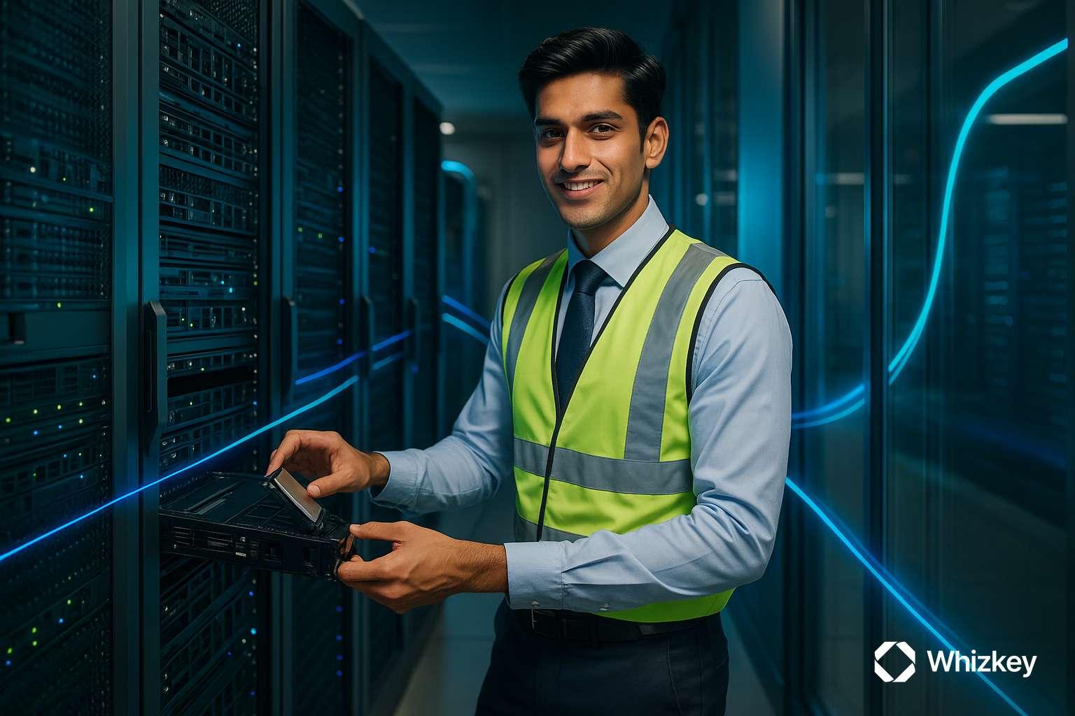 Engineer maintaining AI server systems in a data center, symbolizing the technology behind artificial intelligence