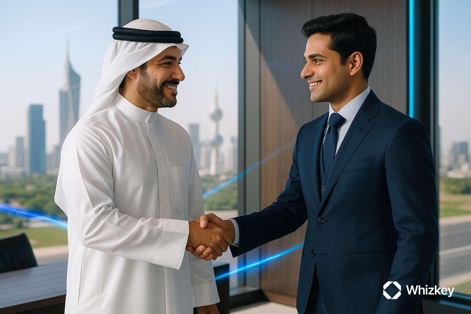 AI-driven collaboration between Kuwaiti and Whizkey executives symbolizing intelligent partnerships and digital innovation.