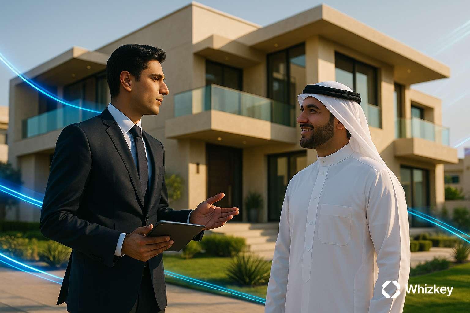 Real estate agent presenting villa with AI-driven smart city innovation in Kuwait