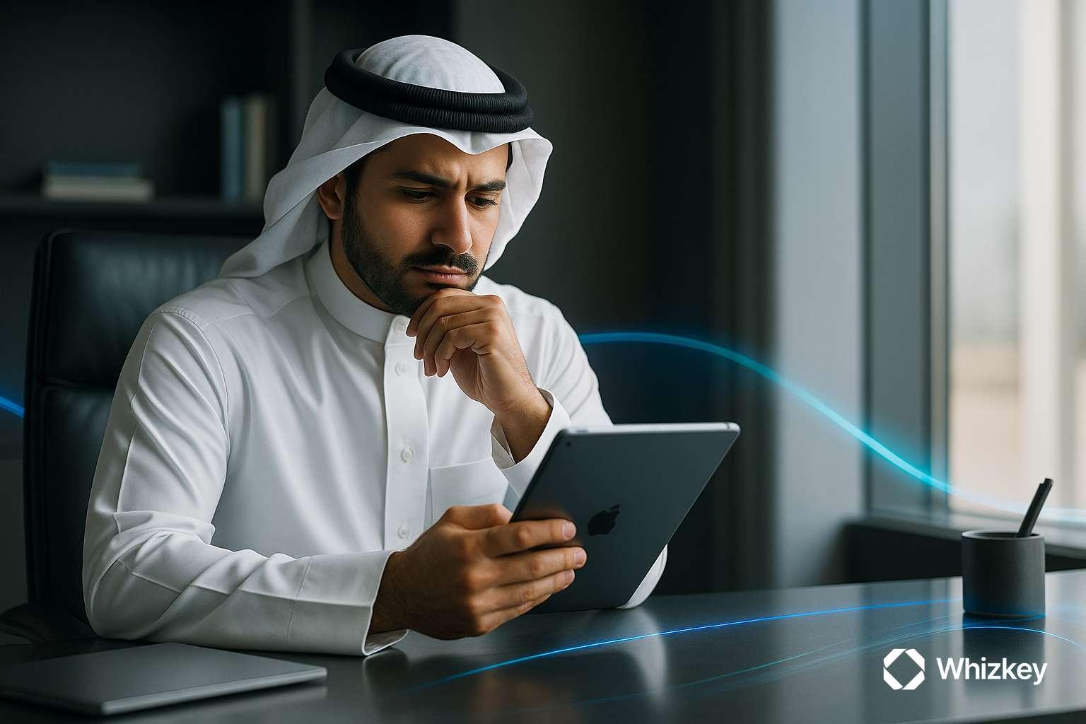 Kuwaiti executive analyzing AI opportunities and strategic challenges in business transformation