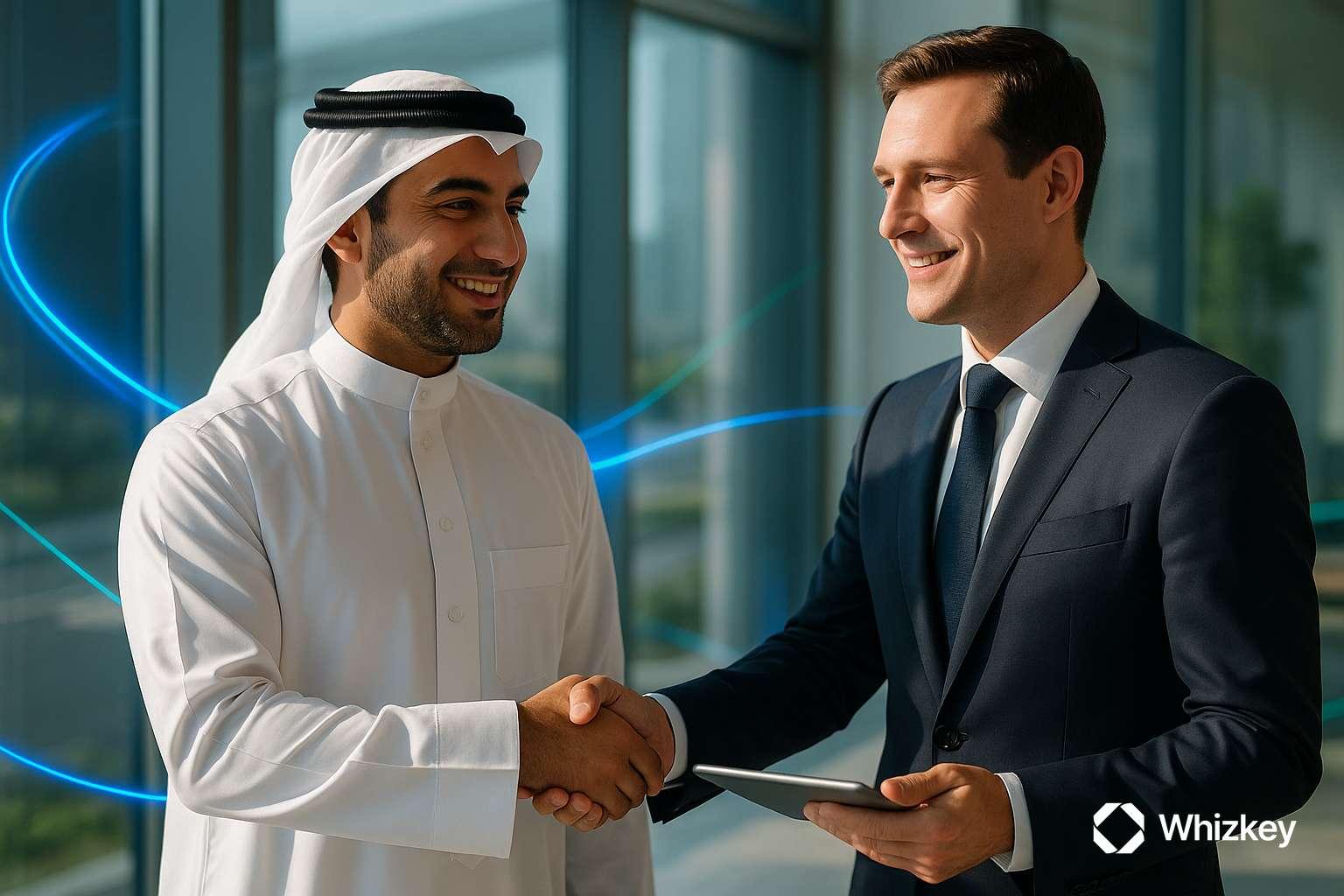 Kuwaiti executive and business partner collaborating to apply AI strategies for business growth