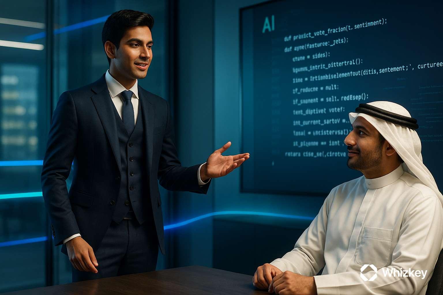 Professional presenting AI code to a Kuwaiti executive, highlighting business understanding of artificial intelligence
