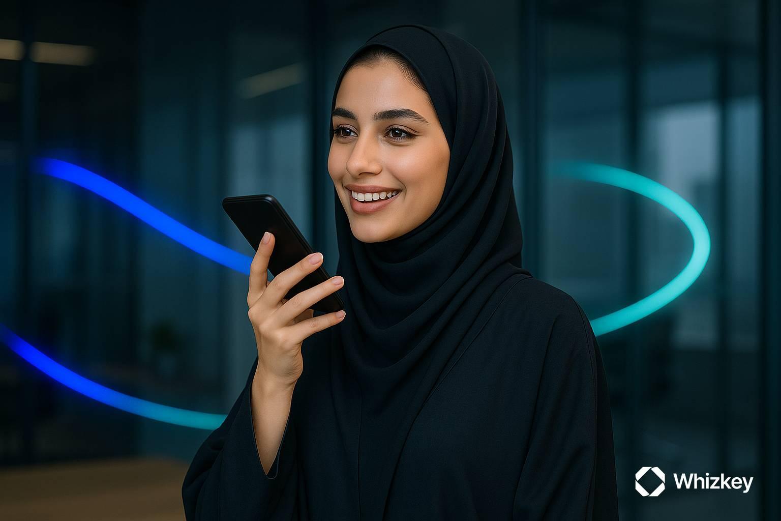 Kuwaiti woman interacting with conversational AI to enhance customer engagement