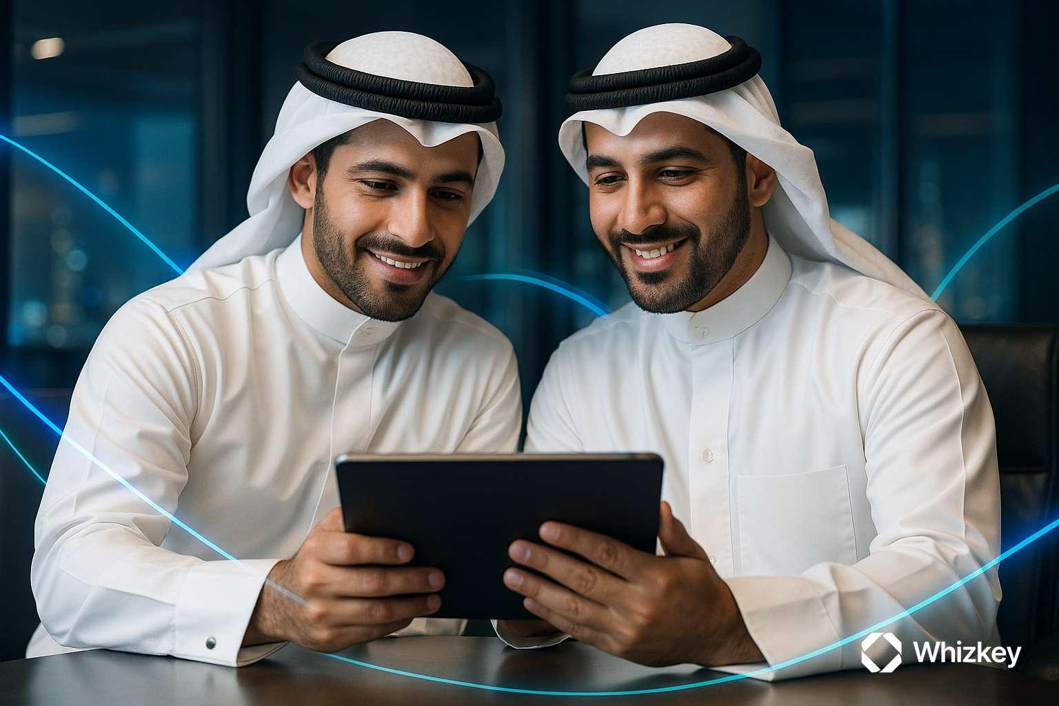 Kuwaiti executives engaging with emotionally intelligent AI through digital interfaces