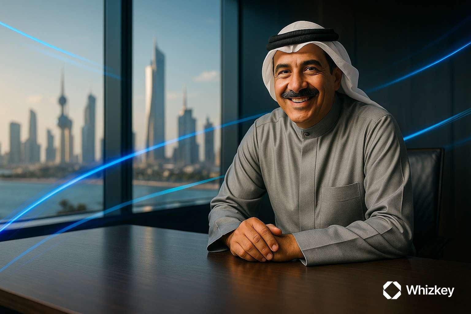Smiling Kuwaiti executive in office representing Whizkey's digital competitive advantage in Kuwait