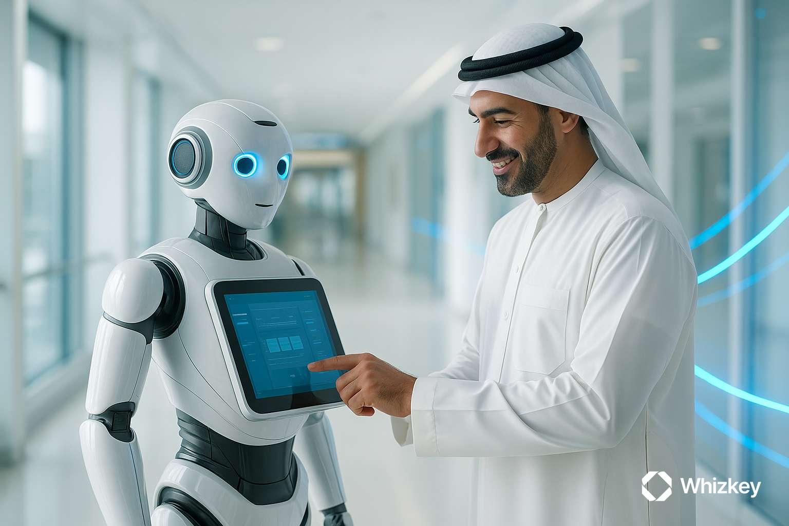 Kuwaiti citizen engaging with healthcare robot through digital transformation