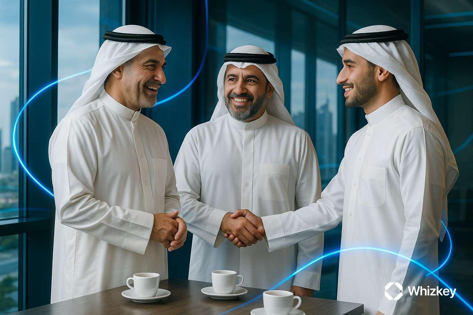 Kuwaiti businessmen collaborating to build trust and innovation through ethical AI strategies
