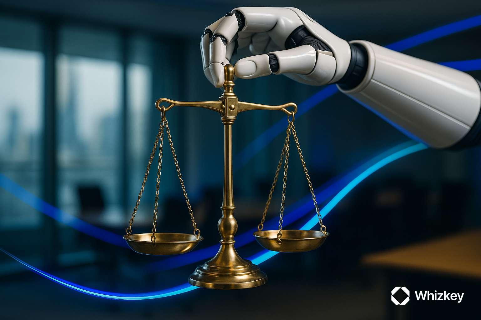 Robotic hand holding balanced scale symbolizing responsible innovation through ethical AI in Kuwait