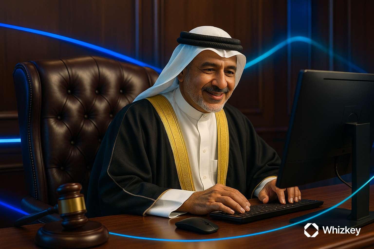 Kuwaiti judge using AI-driven technology in courtroom symbolizing ethical decision-making in artificial intelligence