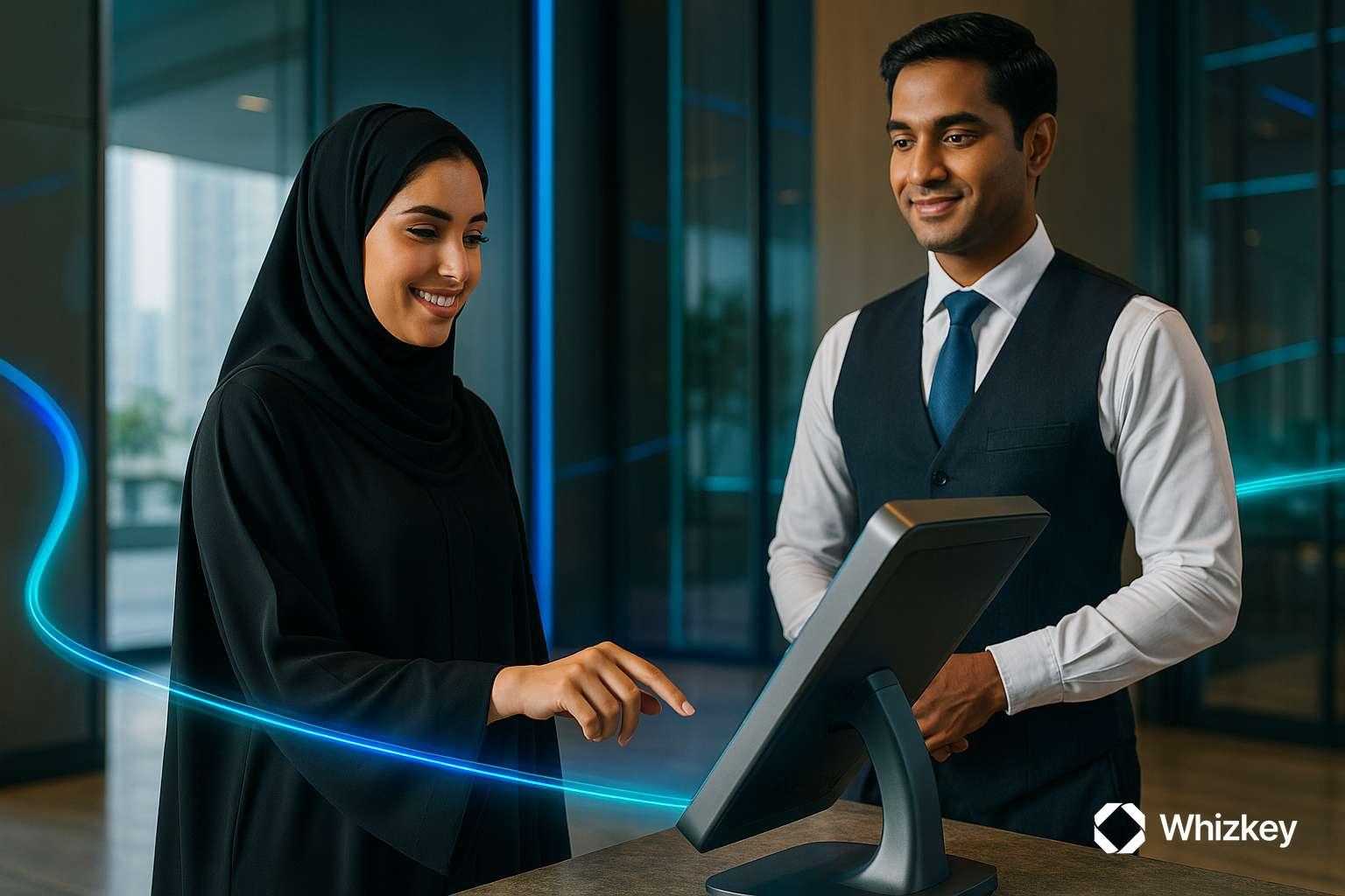 Kuwaiti customer engaging with AI-powered service kiosk in a modern setting.