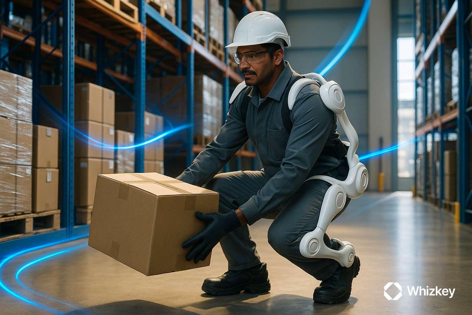 Warehouse worker using AI-powered exoskeleton for efficient lifting and collaboration