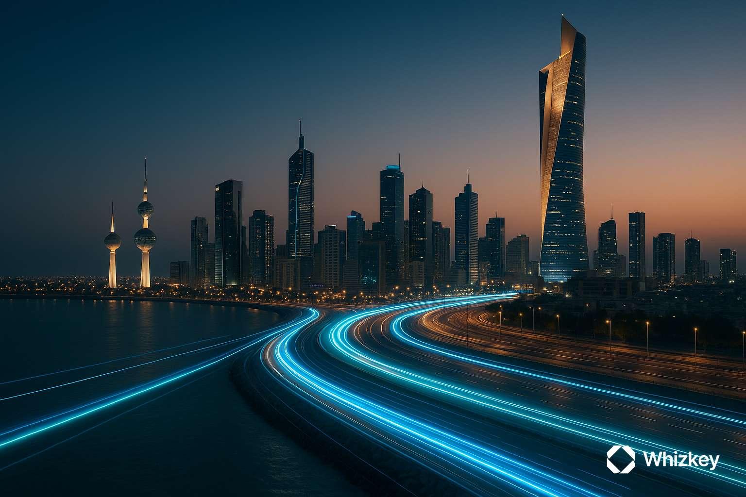 Kuwait skyline with AI-driven branded beams symbolizing AI based digital transformation