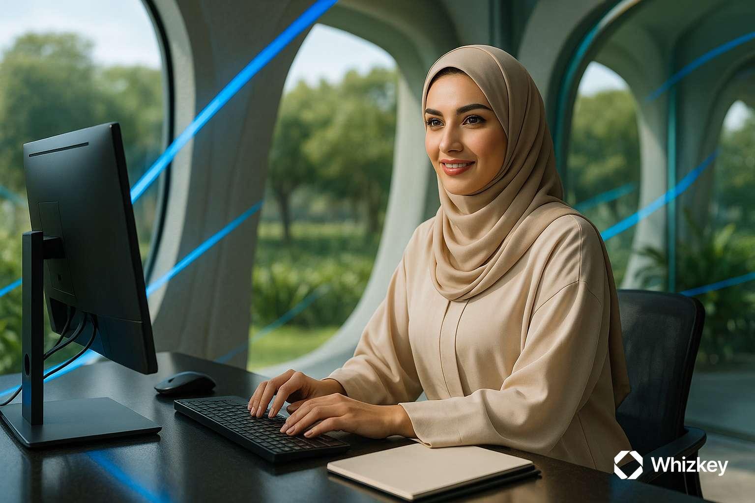 Young Kuwaiti employee working in sustainable office aligned with Vision 2035