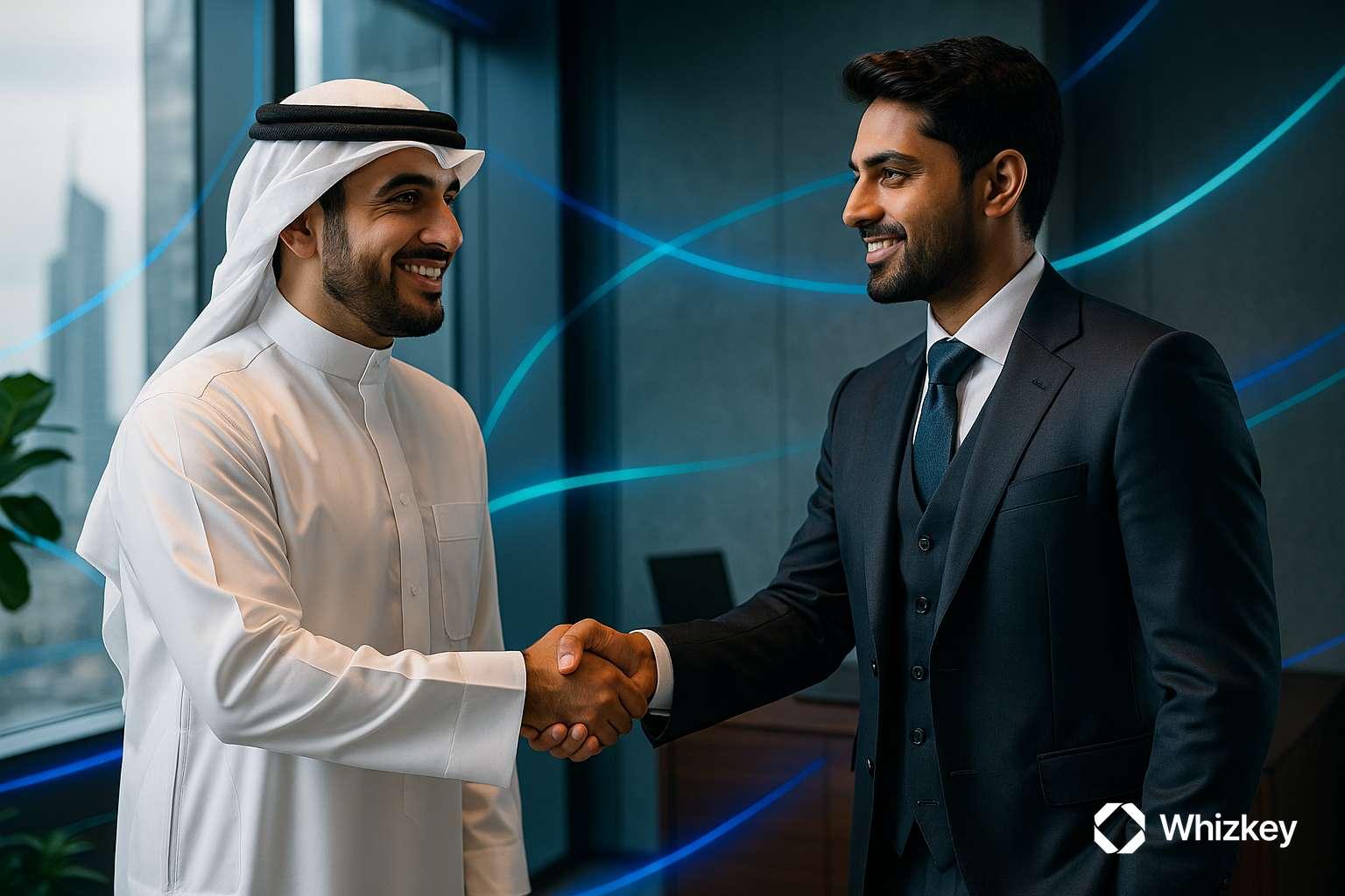 Kuwaiti and whizkey executives shaking hands to symbolize digital transformation partnership